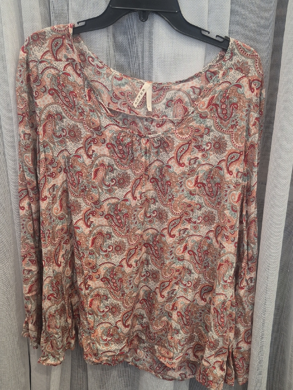 Roper Paisley Scoop Neck Long Sleeve Top - Red, Cream, Blue
